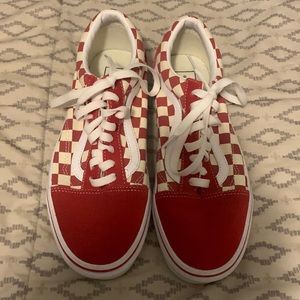 Old Skool low top Vans. Red checkerboard print. Size 9 Womens, size 7.5 mens